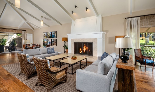 wide view of living room with wooden flooring